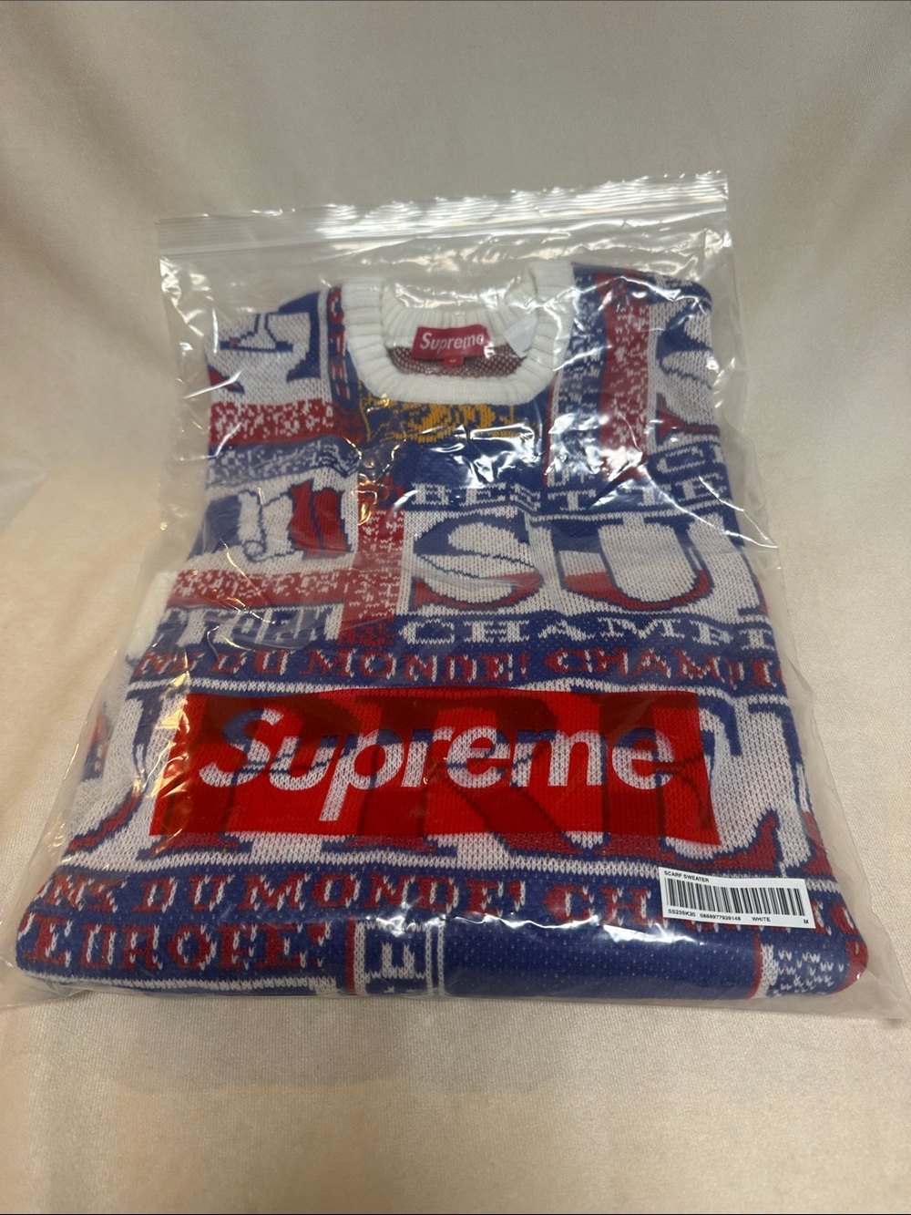(New Deadstock) Supreme Red, Blue & White Graphic Knit Sweater SS23 Size Medium